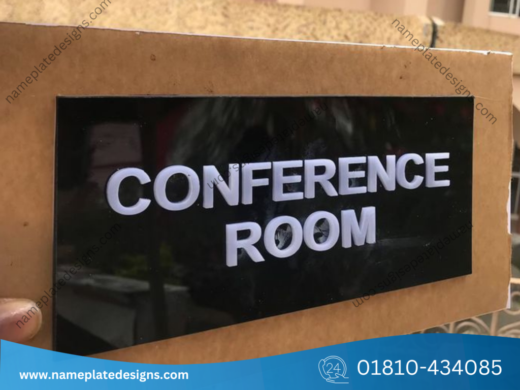 Efficient and elegant: conference room nameplates that pair custom typography with sturdy construction, ensuring clear room identification at a glance.